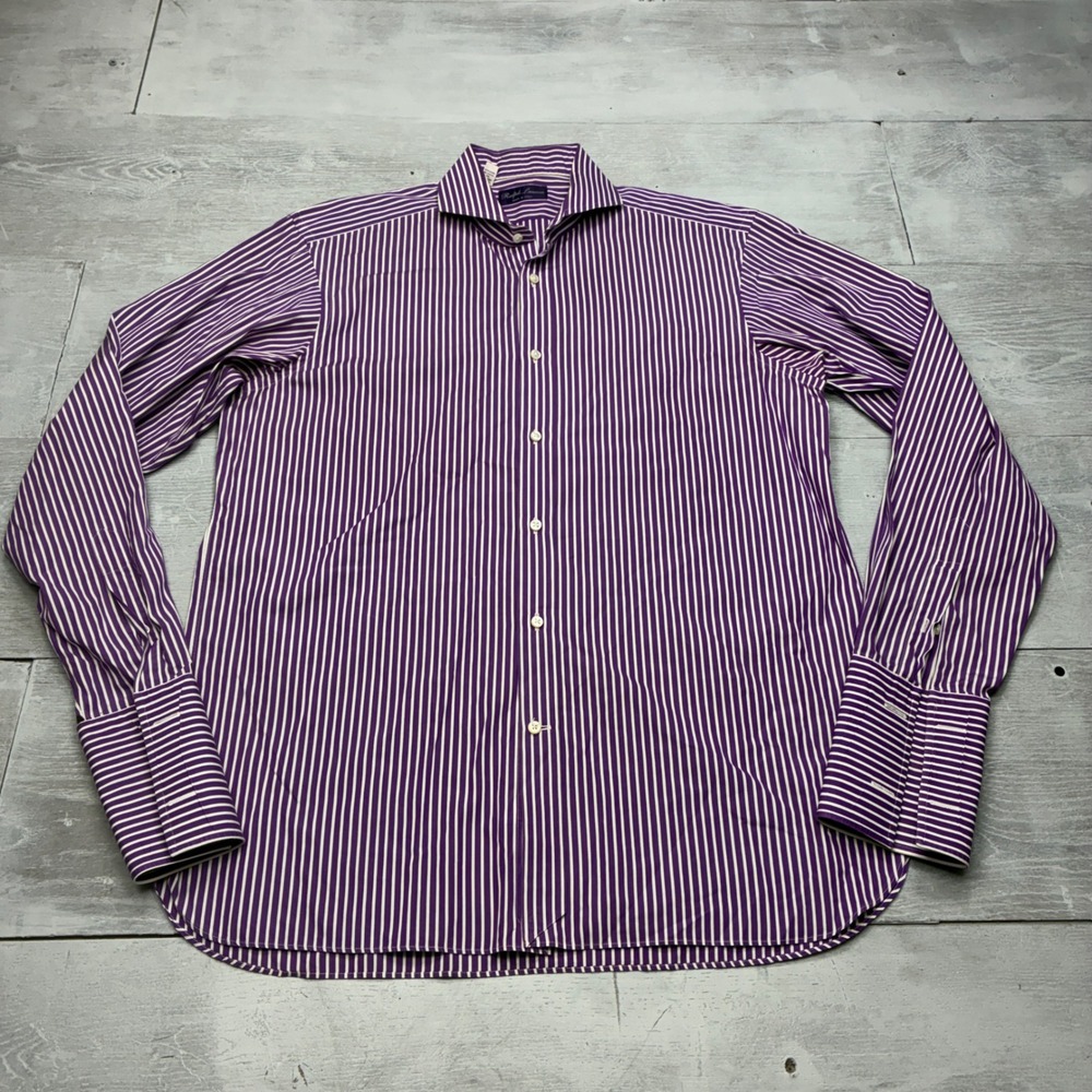 Ralph Lauren Purple Label Shirt Mens 16.5 Purple White Striped French Cuff Italy